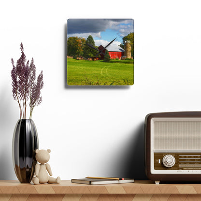 U R There Photography Columbiaville Road Red II Rustic Farmhouse Acrylic Analog Wall Clock