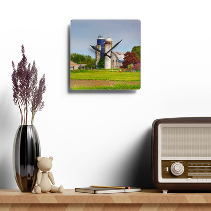U R There Photography M-25 Old Grey and Silos Rustic Farmhouse Acrylic Analog Wall Clock