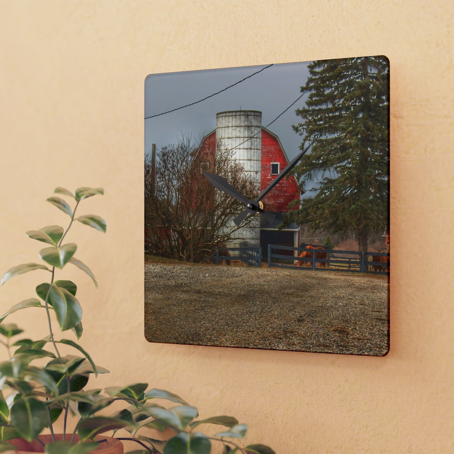 U R There Photography Blood Road Red and Horses Rustic Farmhouse Acrylic Analog Wall Clock