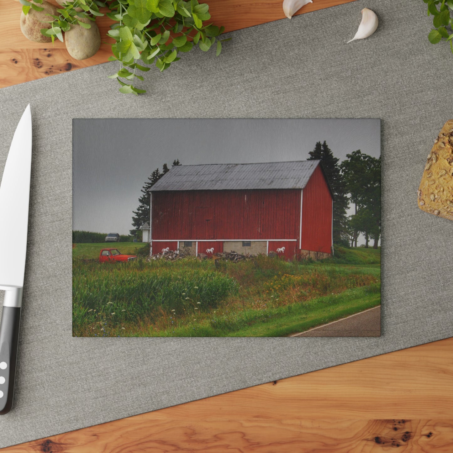 U R There Photography Brown Road Horse Barn I Rustic Farmhouse Tempered-Glass Cutting Board