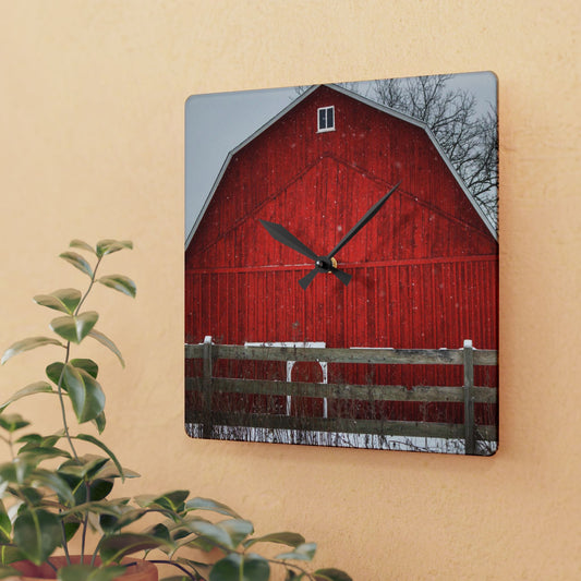 U R There Photography Big Red Beyond the Fence Rustic Farmhouse Acrylic Analog Wall Clock
