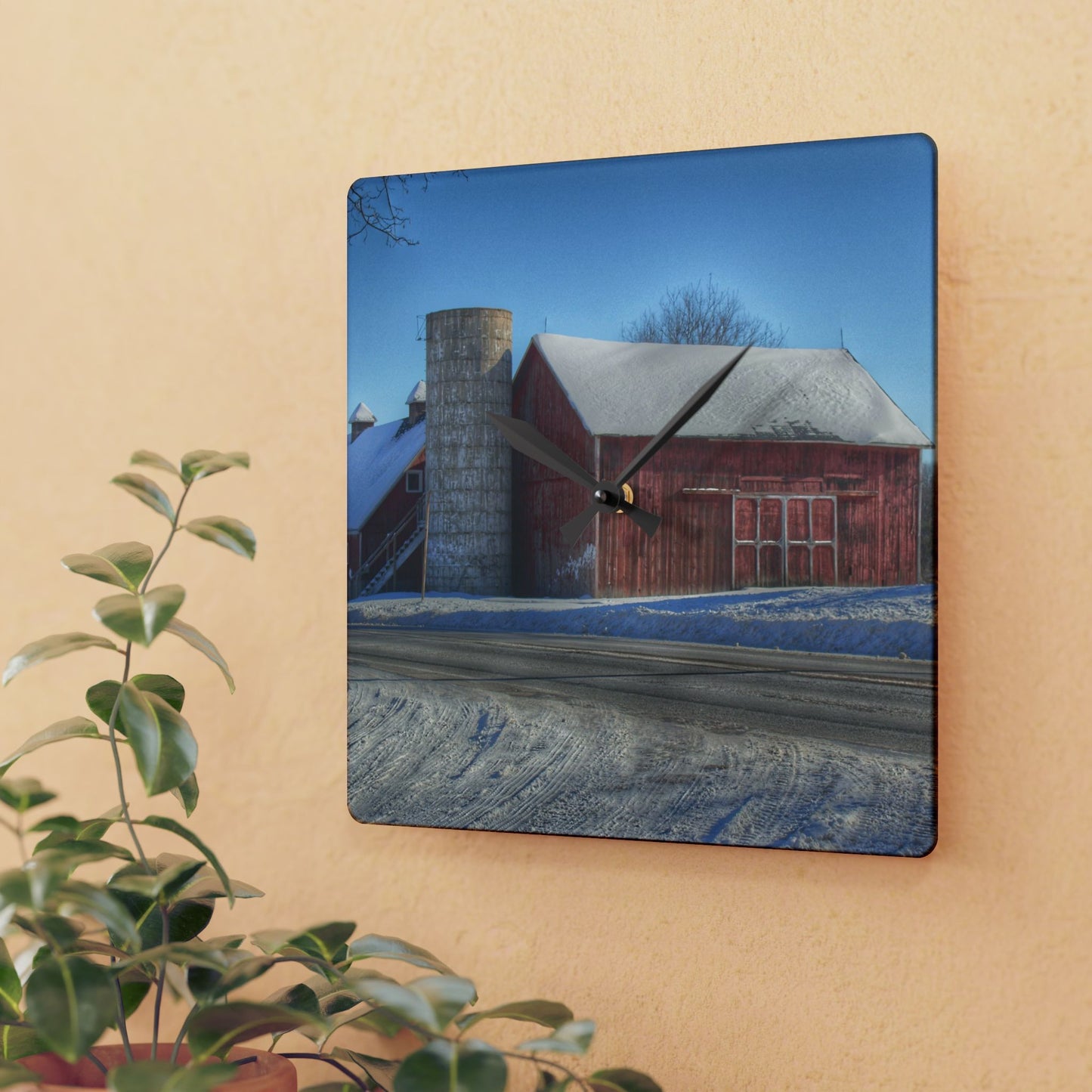 U R There Photography Metamora Red in Winter Rustic Farmhouse Acrylic Analog Wall Clock