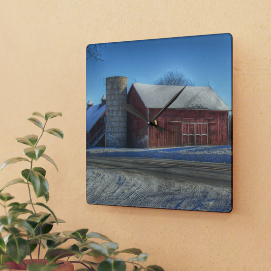 U R There Photography Metamora Red in Winter Rustic Farmhouse Acrylic Analog Wall Clock