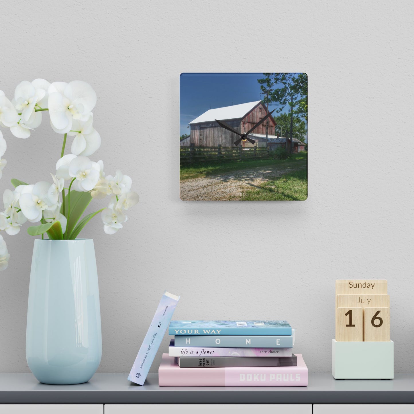 U R There Photography Castle Road Cow Barn II Rustic Farmhouse Acrylic Analog Wall Clock