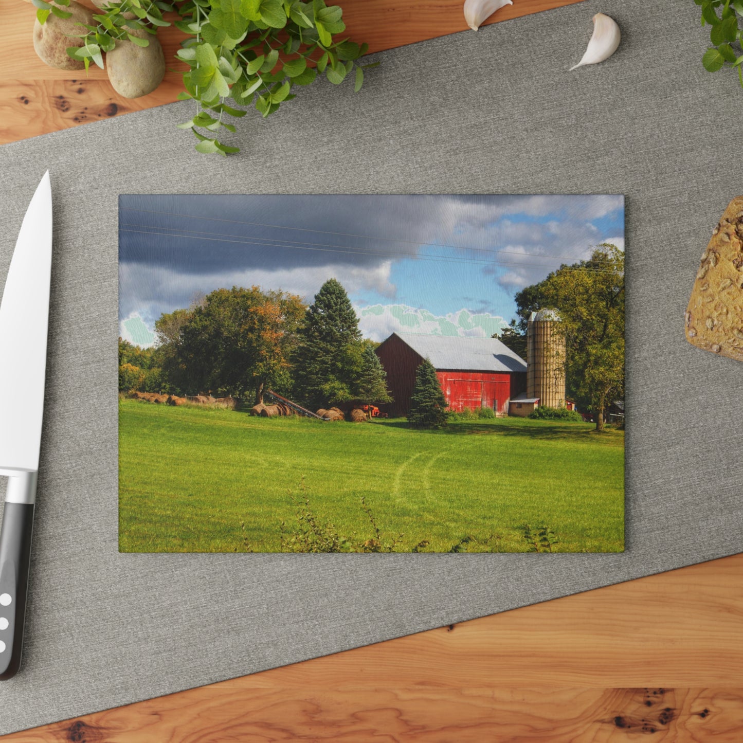 U R There Photography Columbiaville Road Red II Rustic Farmhouse Tempered-Glass Cutting Board
