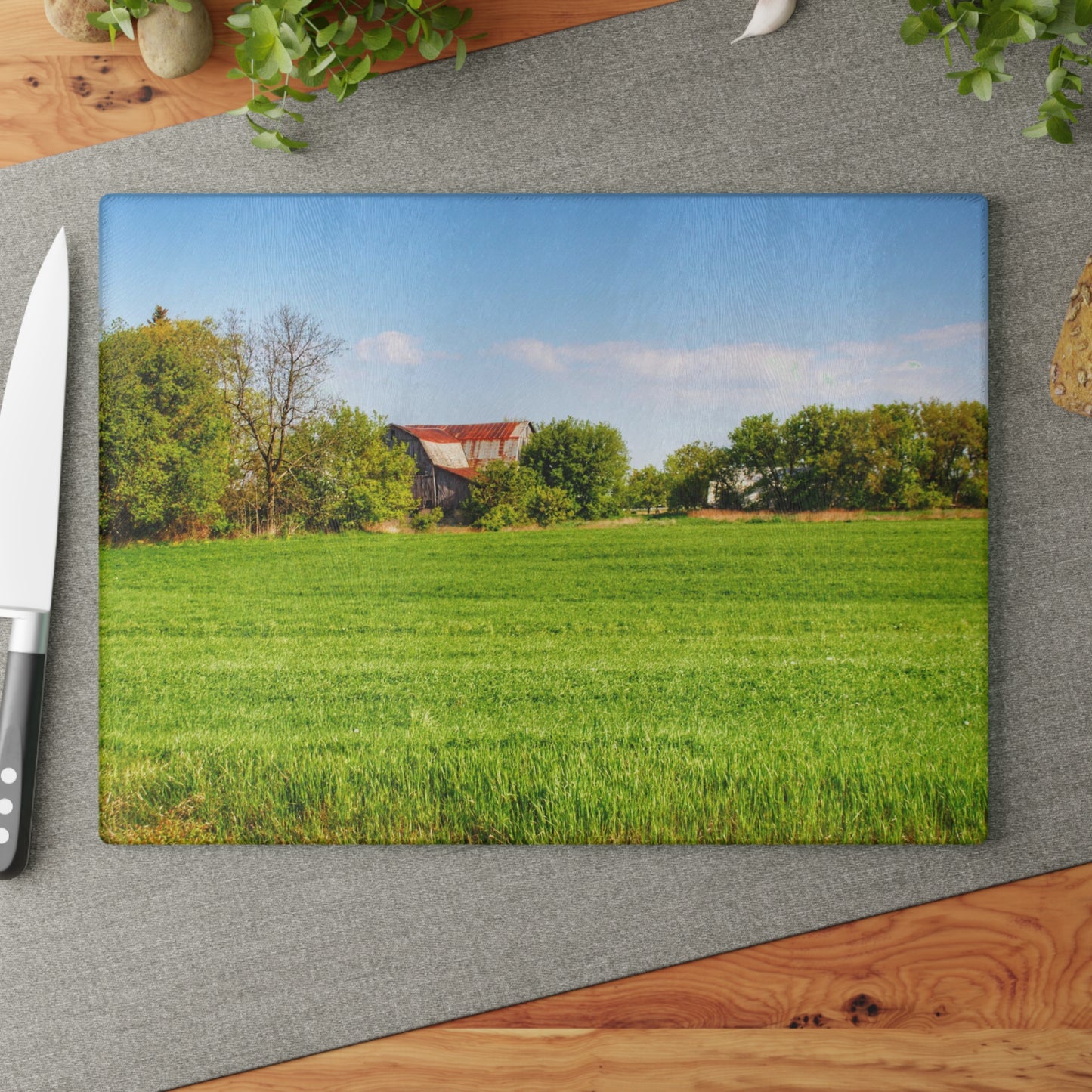 U R There Photography Deckerville Road Hidden Red Rustic Farmhouse Tempered-Glass Cutting Board