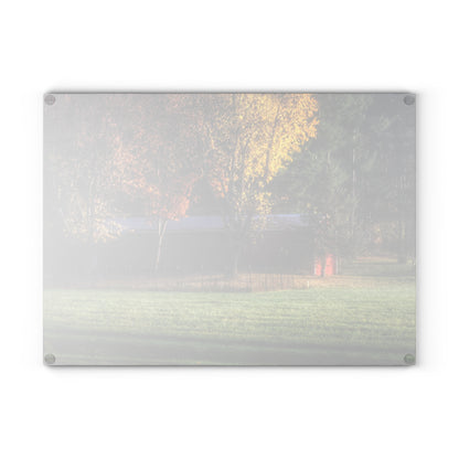U R There Photography Red Barn on Foggy Fall Morning Rustic Farmhouse Tempered-Glass Cutting Board