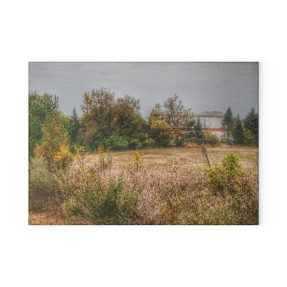 U R There Photography Hadley Road Hidden Red in Fall Rustic Farmhouse Tempered-Glass Cutting Board