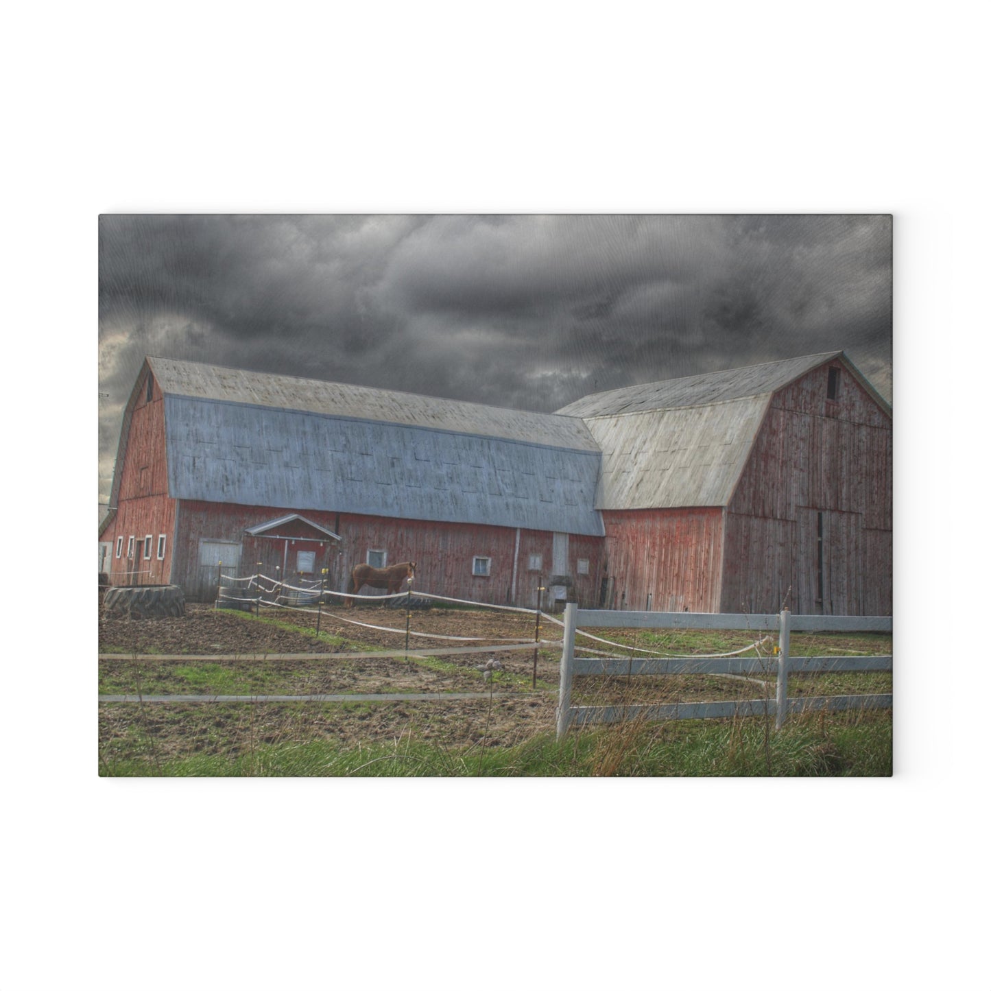 U R There Photography Sandusky Horse Barn Against Fall Skies Rustic Farmhouse Tempered-Glass Cutting Board