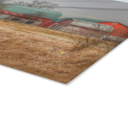 U R There Photography Mound Road Reds and Silo Rustic Farmhouse Tempered-Glass Cutting Board