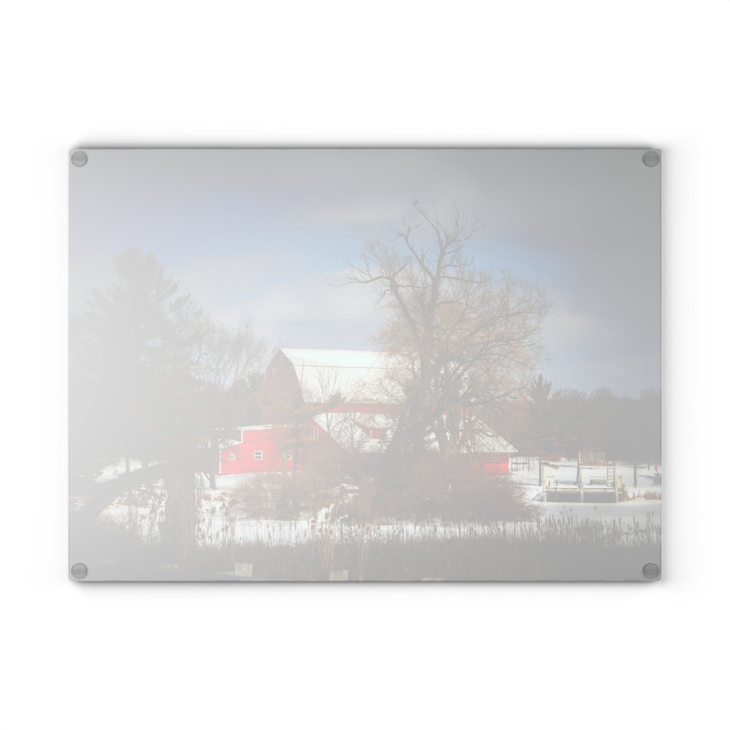 U R There Photography Hadley Road Hidden Winter Red Rustic Farmhouse Tempered-Glass Cutting Board