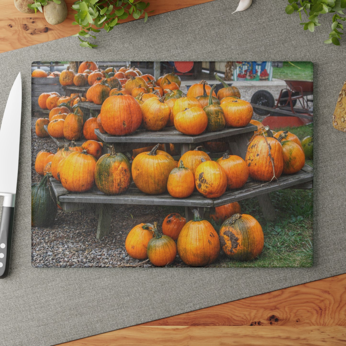 U R There Photography Tabletop Pumpkins Rustic Farmhouse Tempered-Glass Cutting Board
