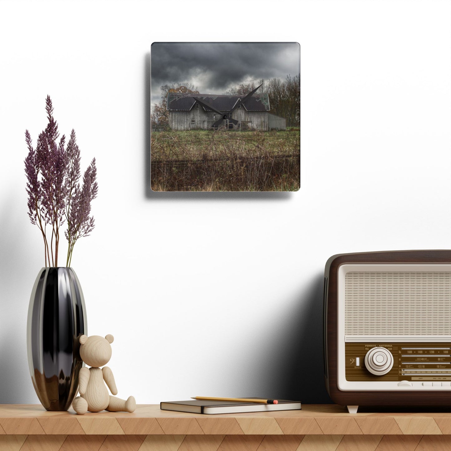 U R There Photography Green Road Grey Rustic Farmhouse Acrylic Analog Wall Clock