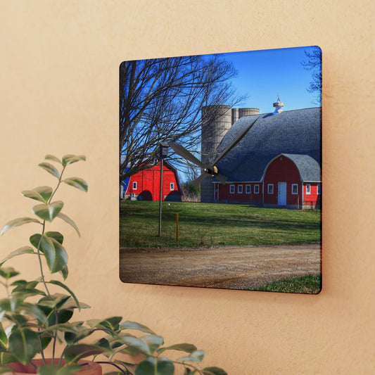 U R There Photography Hough Road Reds and Silo II Rustic Farmhouse Acrylic Analog Wall Clock