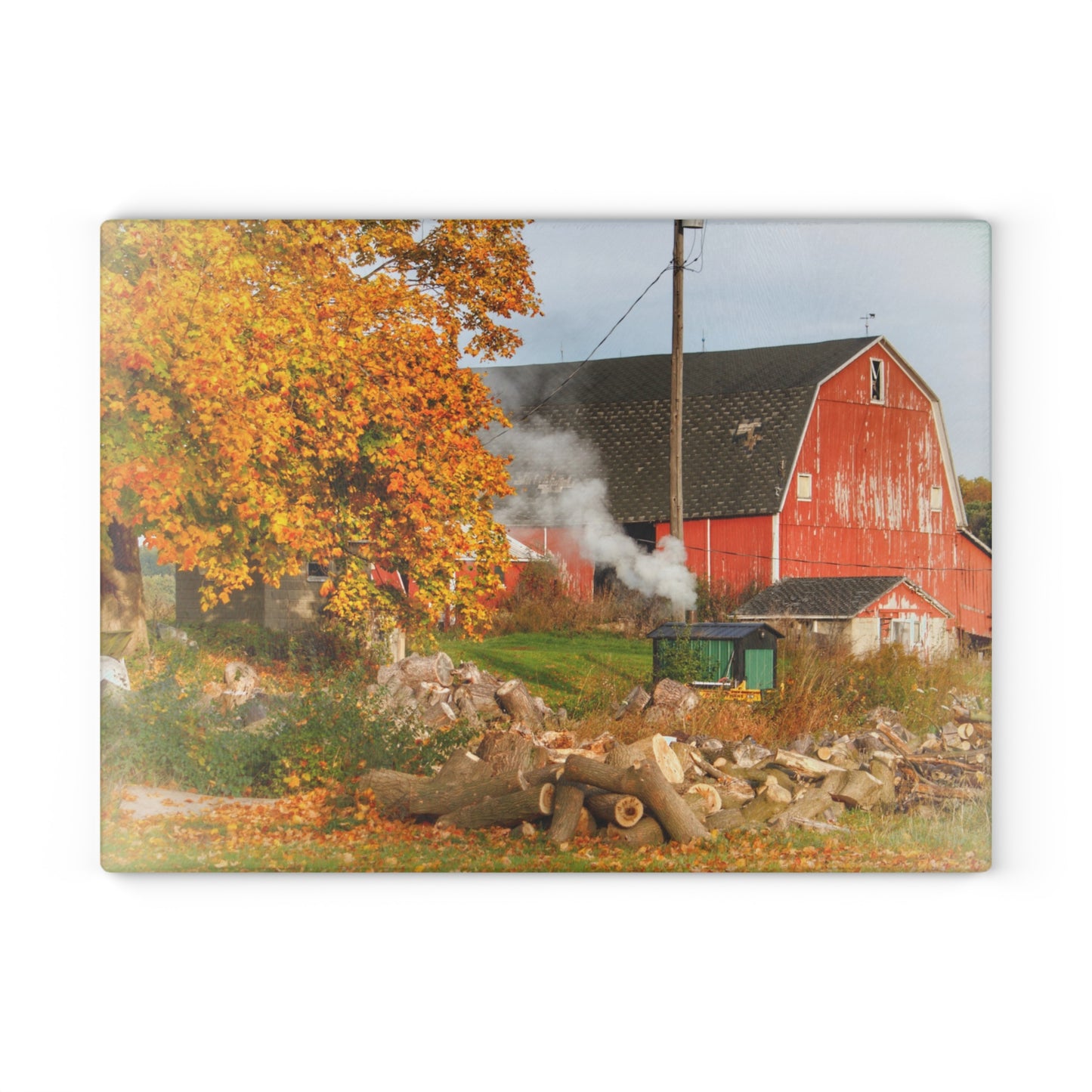 U R There Photography Greenwood Road Red in the Fall Rustic Farmhouse Tempered-Glass Cutting Board