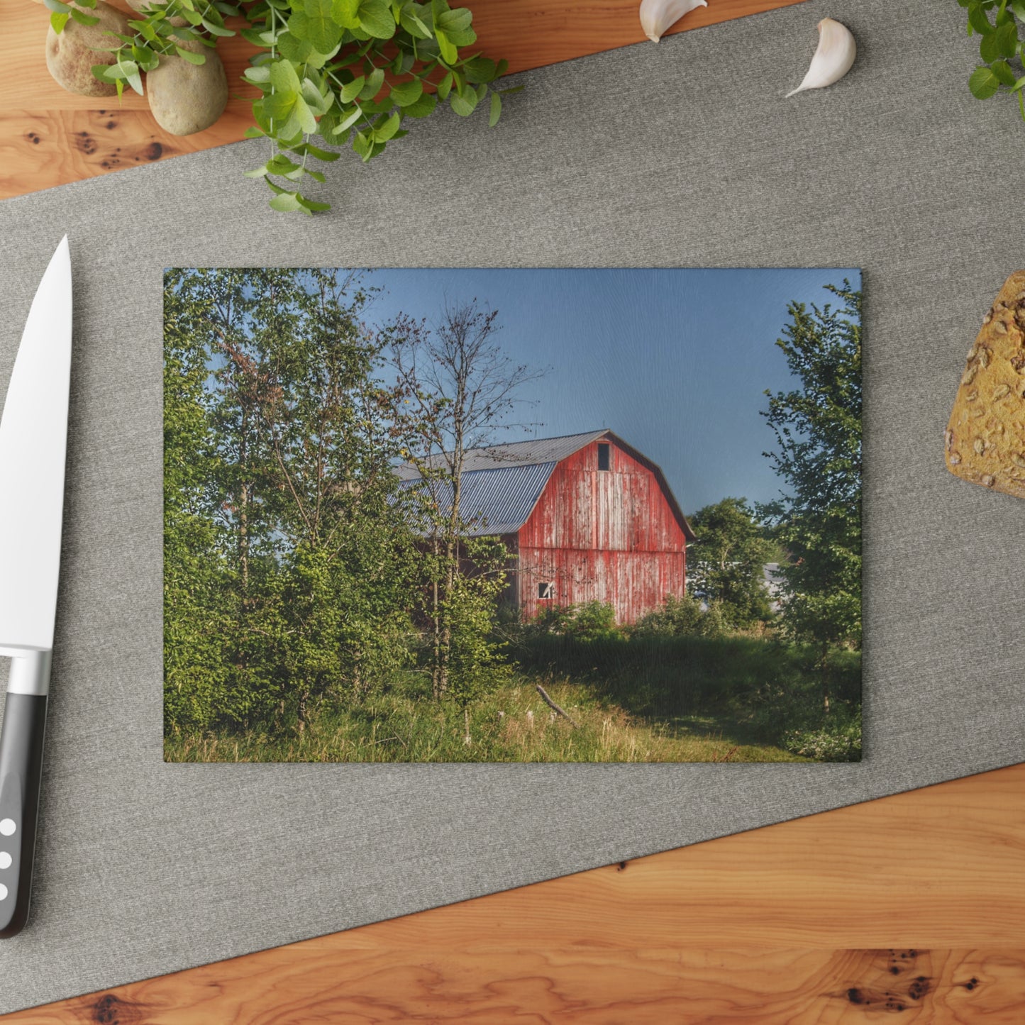 Barn Boutique Rustic Tempered-Glass Cutting Board| Columbiaville Red in Summer II