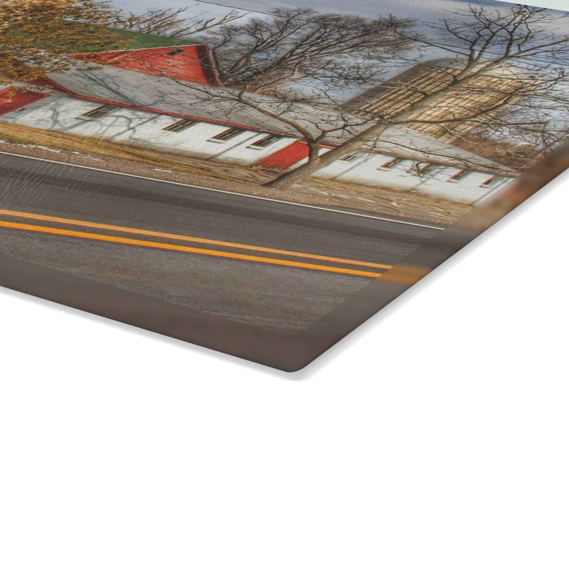 U R There Photography Newark Road Red and Silos III Rustic Farmhouse Tempered-Glass Cutting Board 8"x 11"