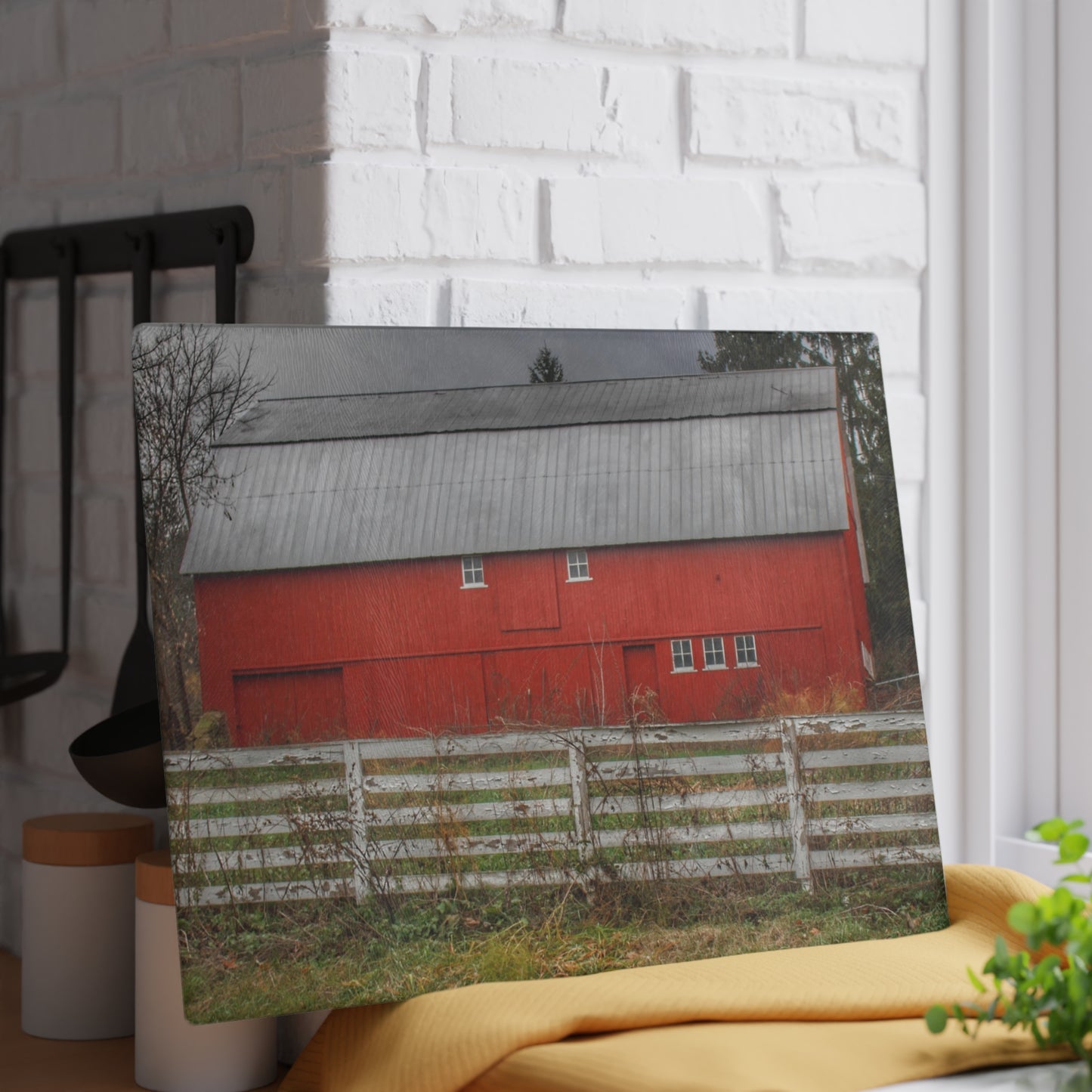 U R There Photography Corralled Red Rustic Farmhouse Tempered-Glass Cutting Board