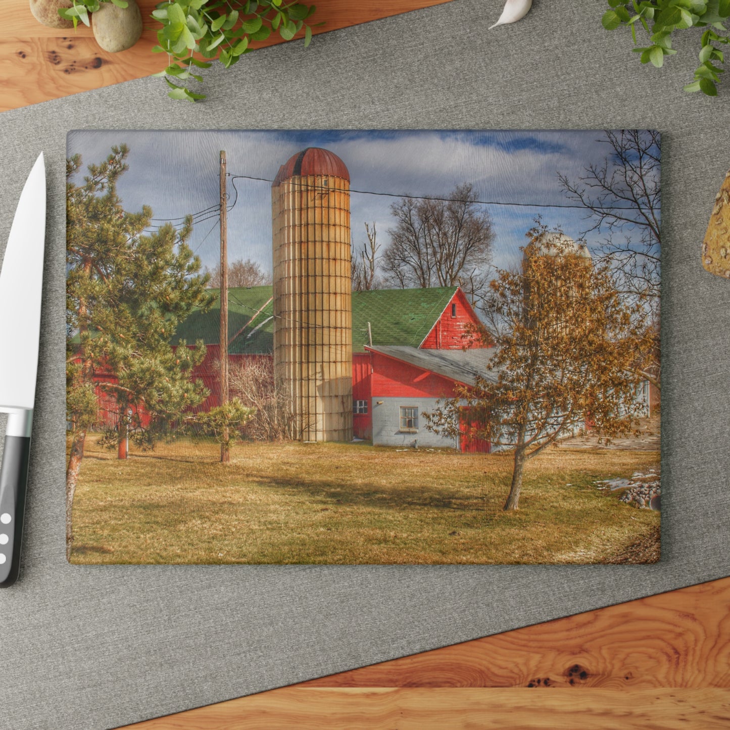 U R There Photography Newark Road Red and Silos II Rustic Farmhouse Tempered-Glass Cutting Board