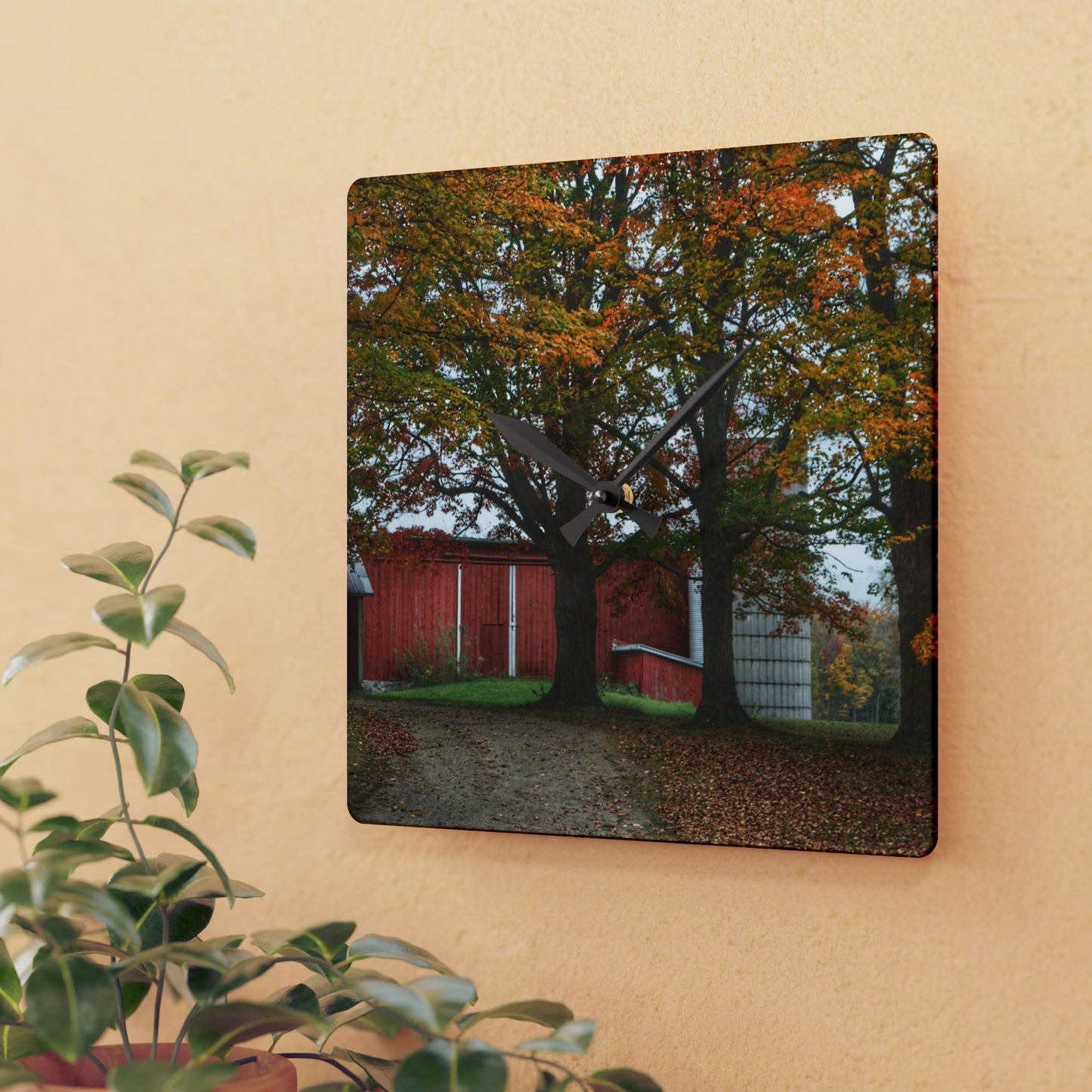U R There Photography Brown Road Red in the Fall Rustic Farmhouse Acrylic Analog Wall Clock