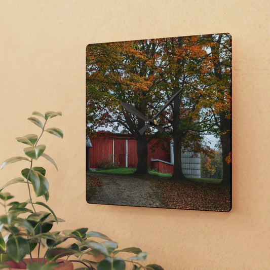 U R There Photography Brown Road Red in the Fall Rustic Farmhouse Acrylic Analog Wall Clock