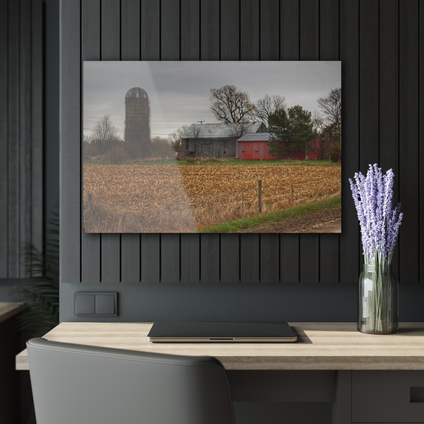 U R There Photography Dryden Road Gable Grey and Silo Rustic Farmhouse Acrylic Wall Print