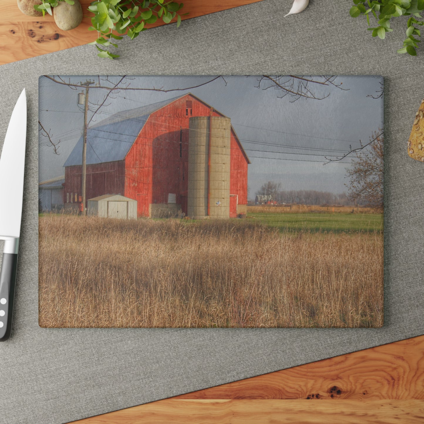 U R There Photography Harrington Road Red and Silo Rustic Farmhouse Tempered-Glass Cutting Board