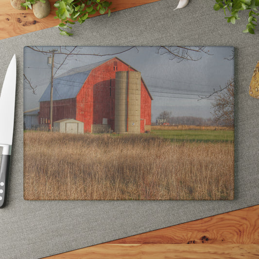 U R There Photography Harrington Road Red and Silo Rustic Farmhouse Tempered-Glass Cutting Board