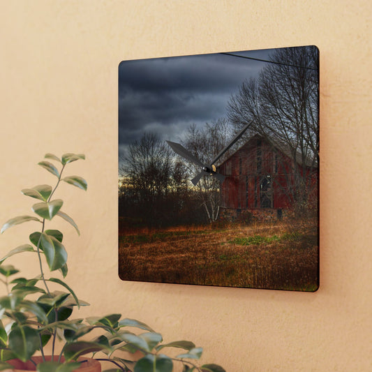 U R There Photography December Fieldstone Red Rustic Farmhouse Acrylic Analog Wall Clock