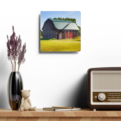 U R There Photography Red Door Barn of Mount Morris Road Rustic Farmhouse Acrylic Analog Wall Clock