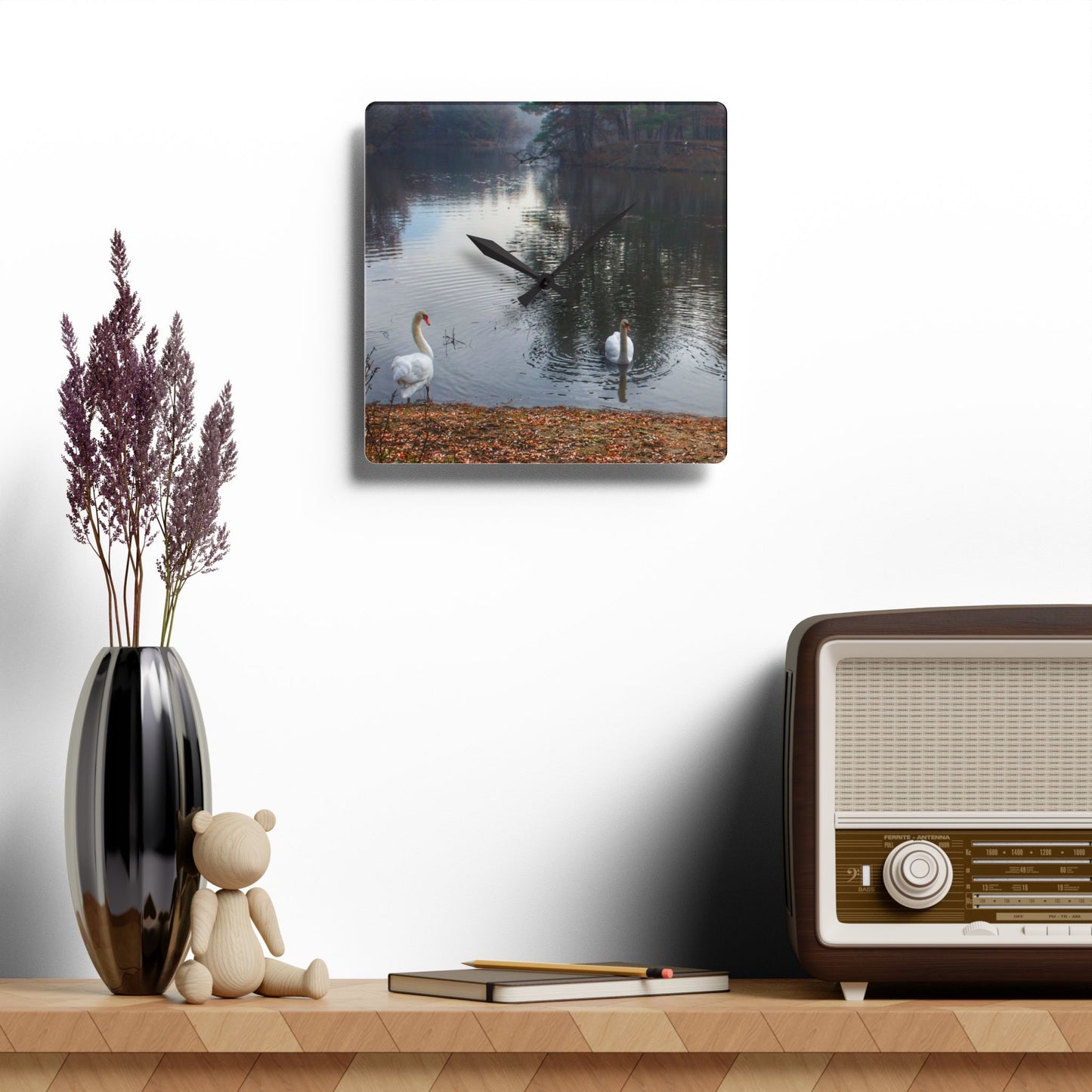U R There Photography Swans of Duck Lake I Rustic Farmhouse Acrylic Analog Wall Clock