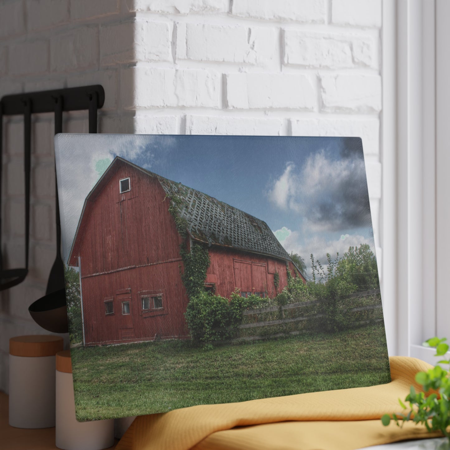 U R There Photography Hegel Road Old Red I Rustic Farmhouse Tempered-Glass Cutting Board 8"x 11"