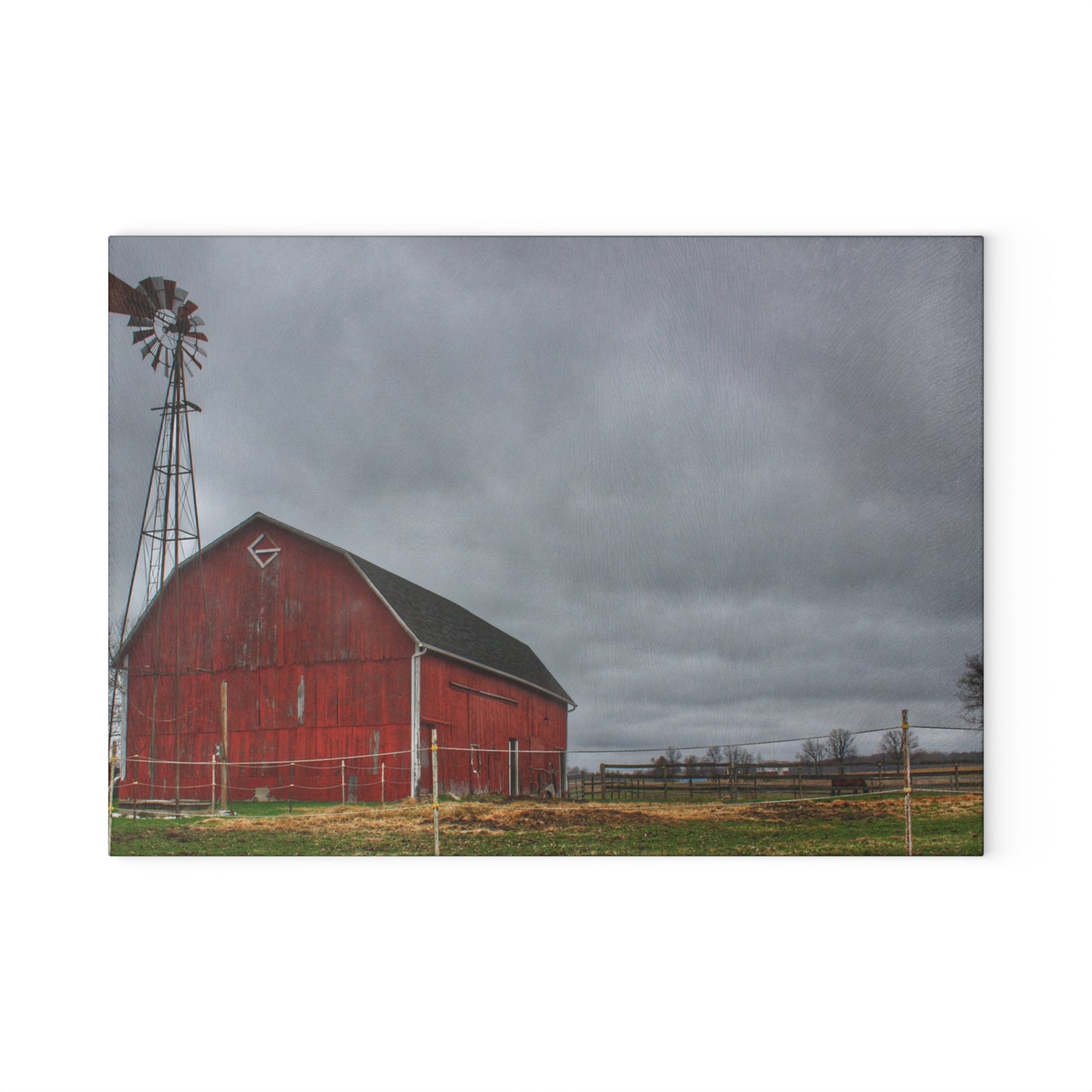 U R There Photography West Lake Road Red Barn and Windmill Rustic Farmhouse Tempered-Glass Cutting Board