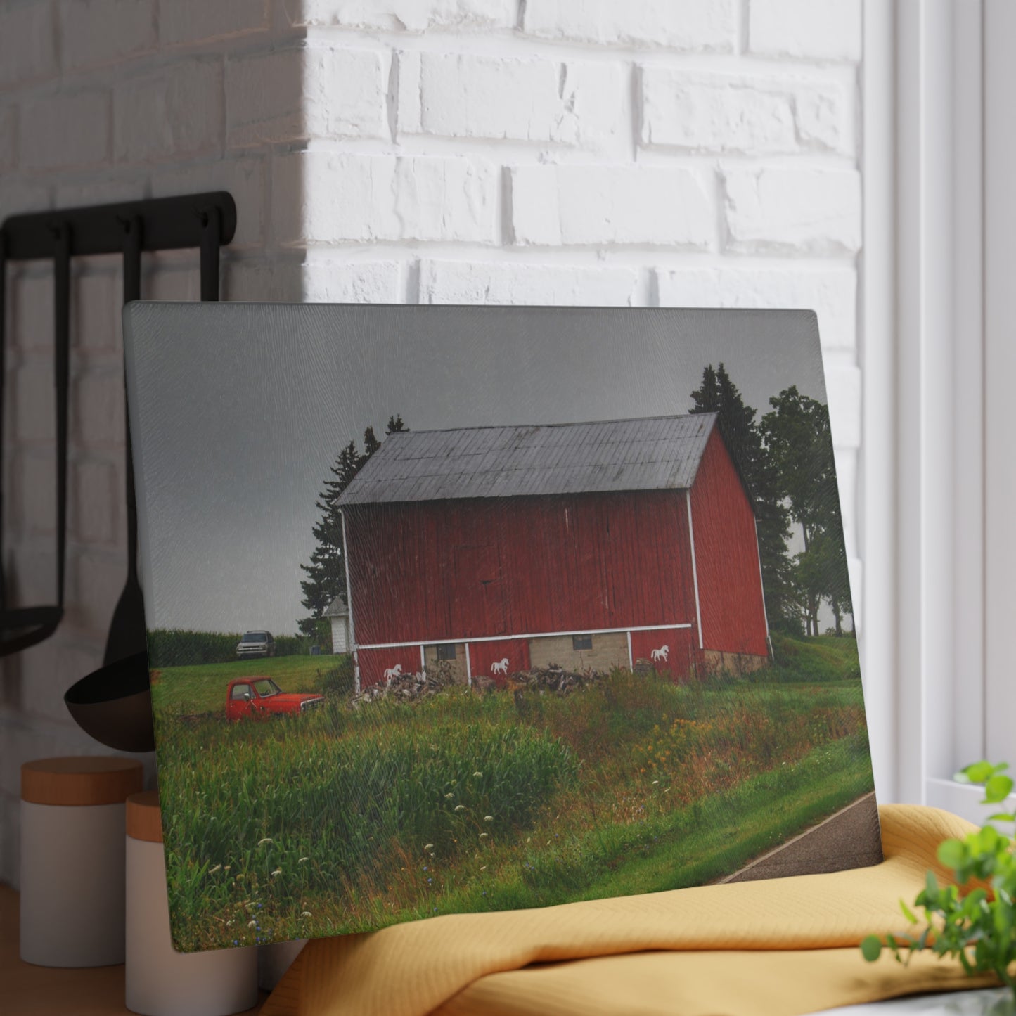 U R There Photography Brown Road Horse Barn I Rustic Farmhouse Tempered-Glass Cutting Board