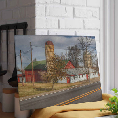 U R There Photography Newark Road Red and Silos III Rustic Farmhouse Tempered-Glass Cutting Board 8"x 11"