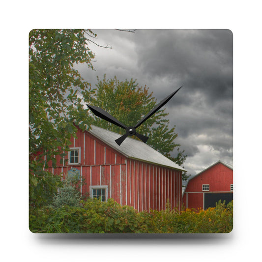 Pinstripe Barn and Buddy I Rustic Farmhouse Acrylic Analog Wall Clock 10.75'' × 10.75'' (Square)