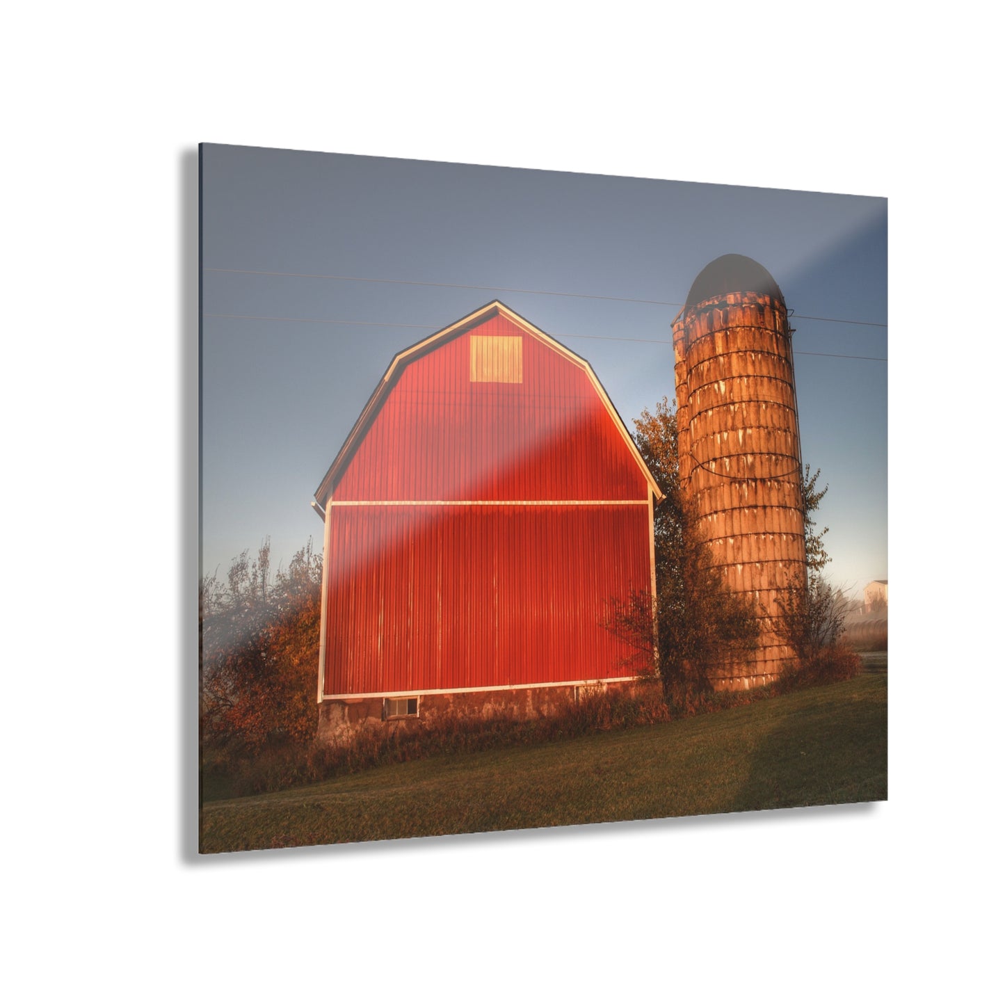 U R There Photography Klam Road Red Meets Foggy Sunrise I Rustic Farmhouse Acrylic Wall Print