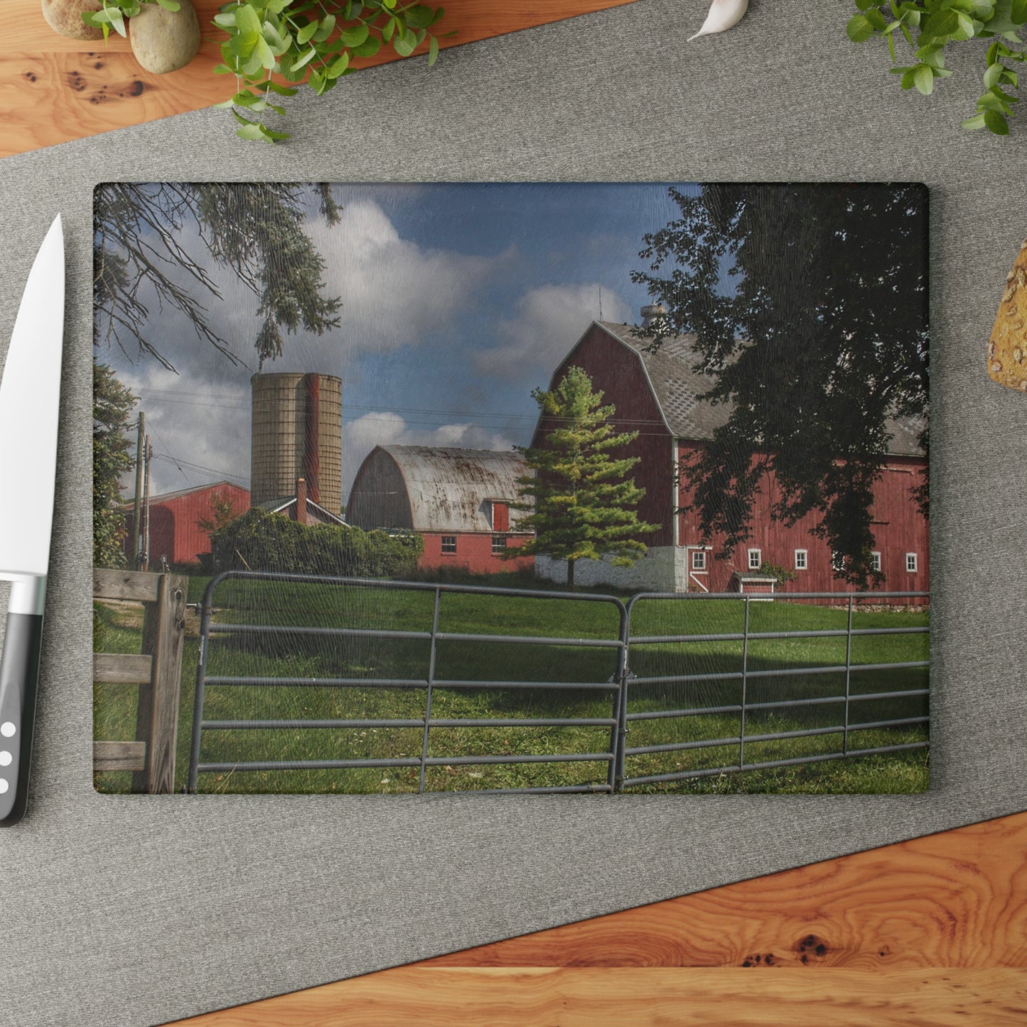 Barn Boutique Rustic Tempered-Glass Cutting Board| Hough Road Reds and Silo