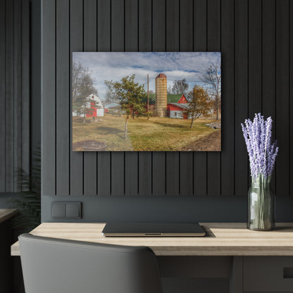 U R There Photography Newark Road Red and Silos I Rustic Farmhouse Acrylic Wall Print