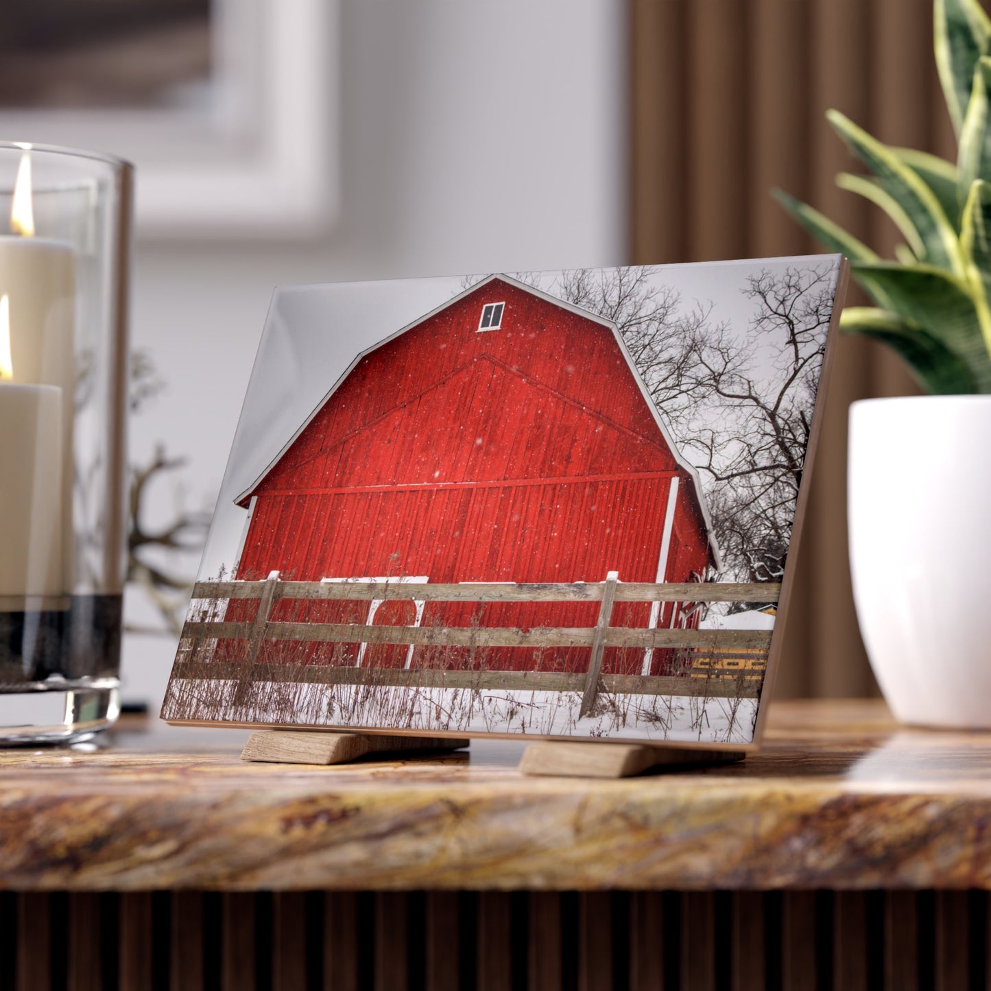 U R There Photography Big Red Beyond the Fence Rustic Farmhouse Decorative Ceramic Tile
