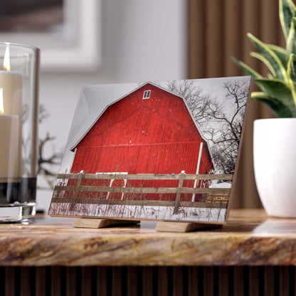 U R There Photography Big Red Beyond the Fence Rustic Farmhouse Decorative Ceramic Tile
