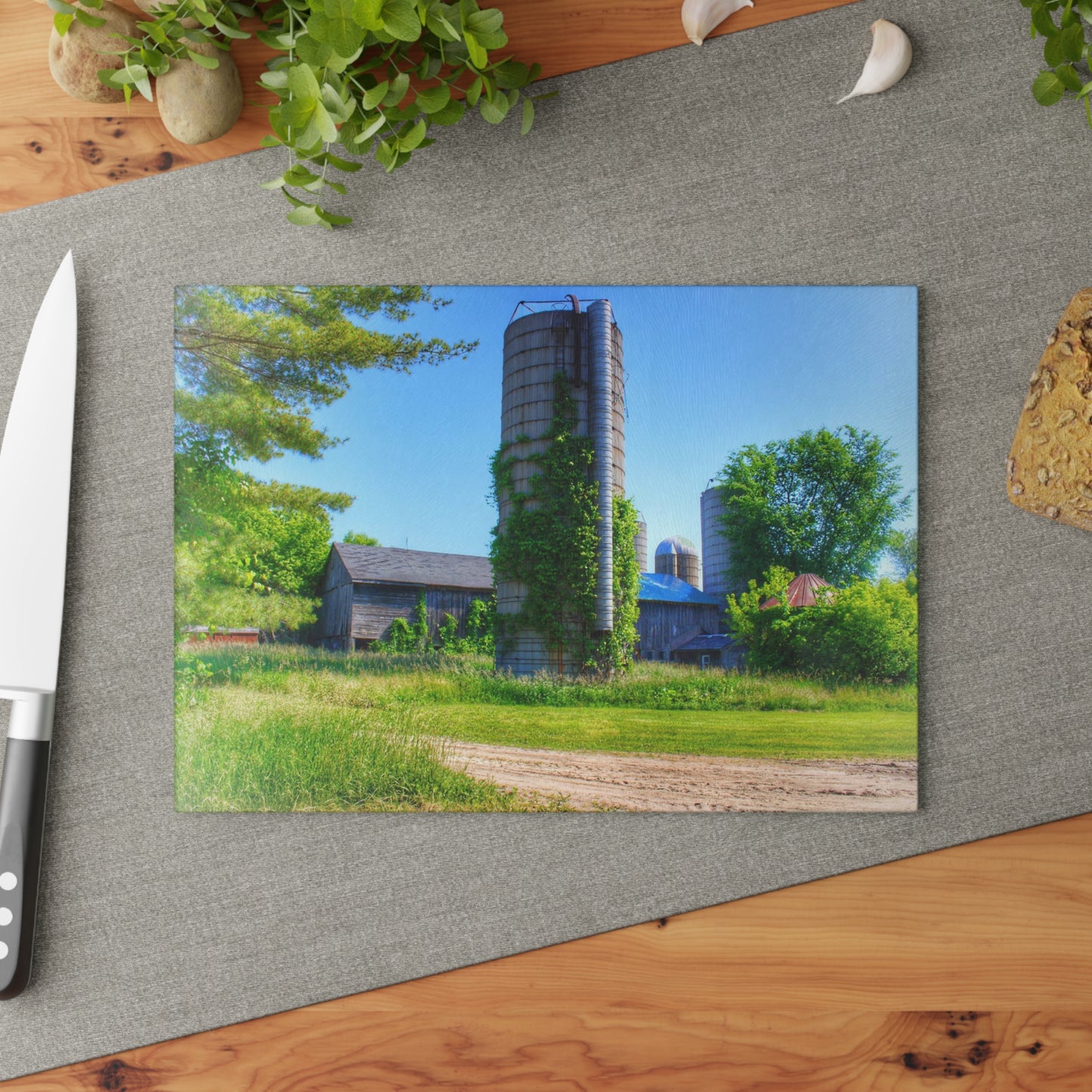 U R There Photography Bordman Road Old Grey and Silo II Rustic Farmhouse Tempered-Glass Cutting Board