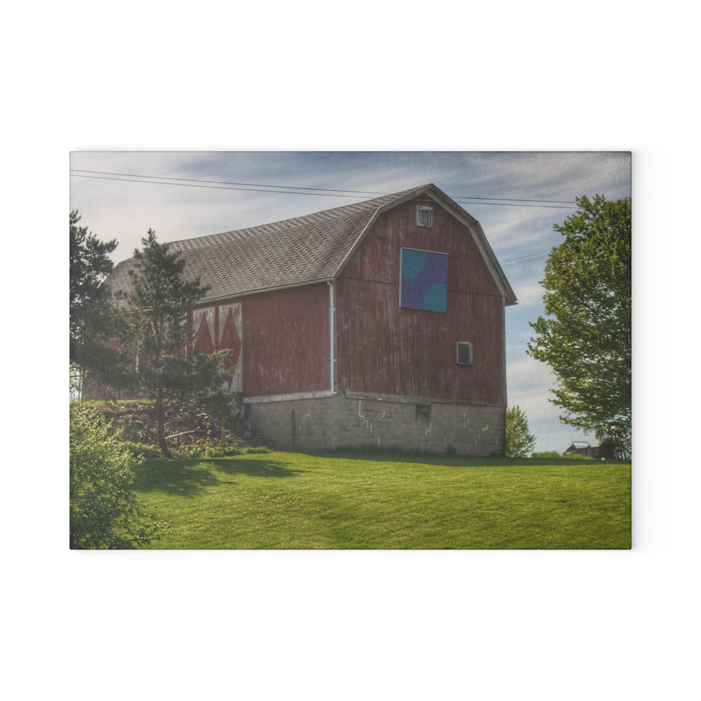 U R There Photography Mertz Road Quilted Red Rustic Farmhouse Tempered-Glass Cutting Board