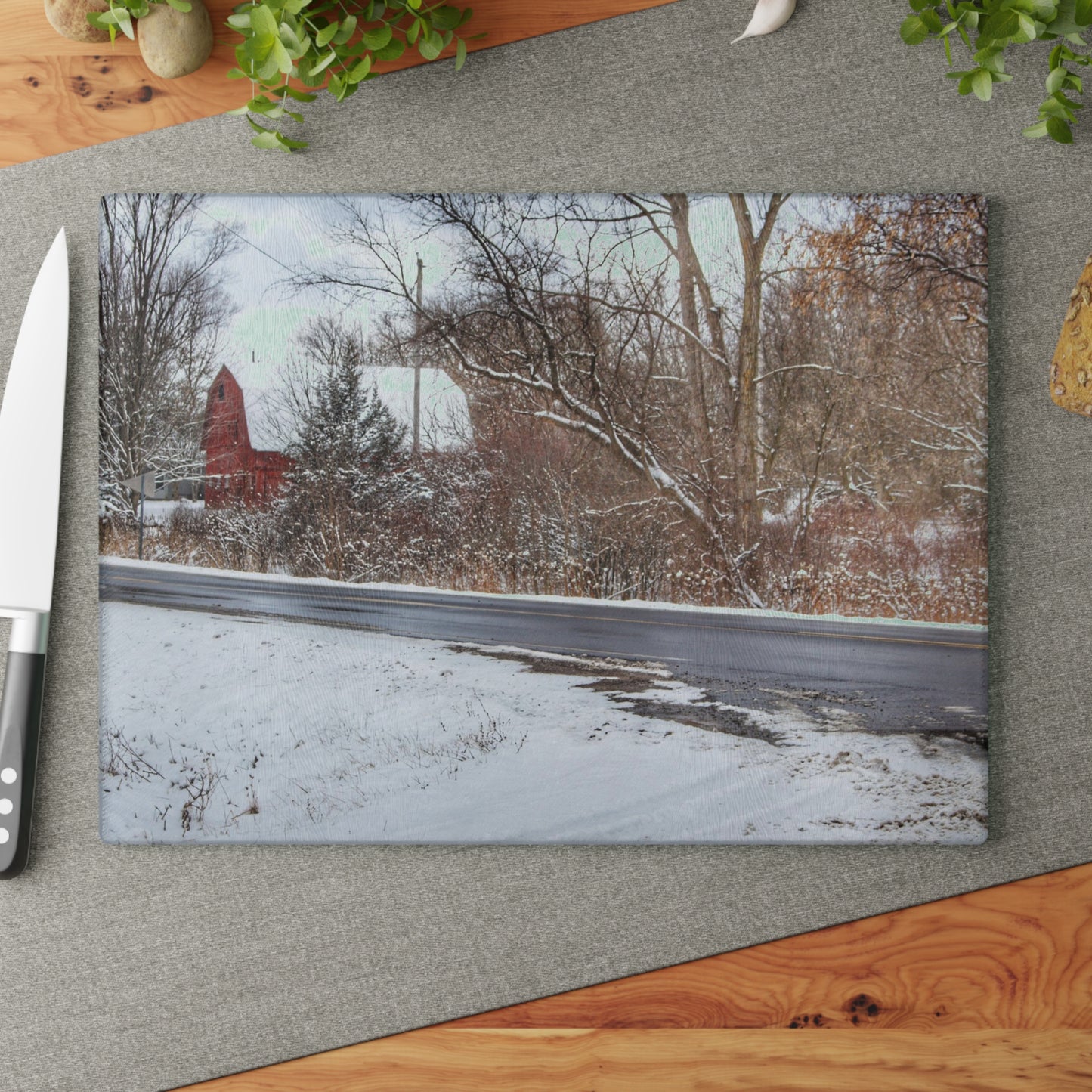 U R There Photography Dodge Road Winter Red Rustic Farmhouse Tempered-Glass Cutting Board