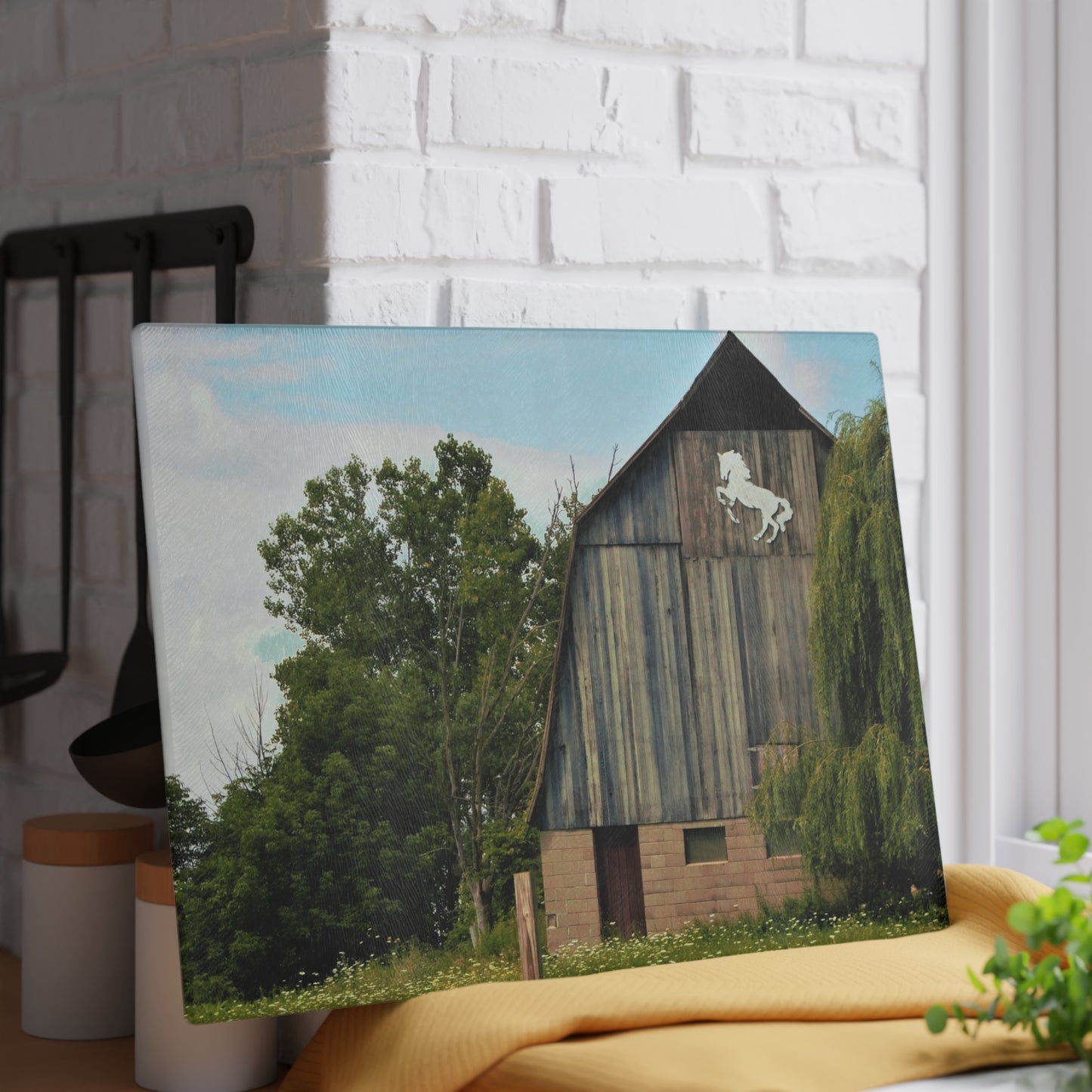 U R There Photography Hassler Lake Horse Barn Rustic Farmhouse Tempered-Glass Cutting Board 8"x 11"