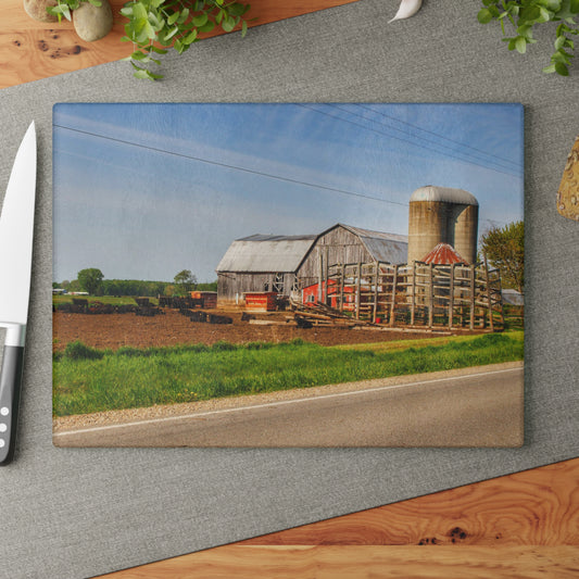 U R There Photography Deckerville Road Grey II Rustic Farmhouse Tempered-Glass Cutting Board