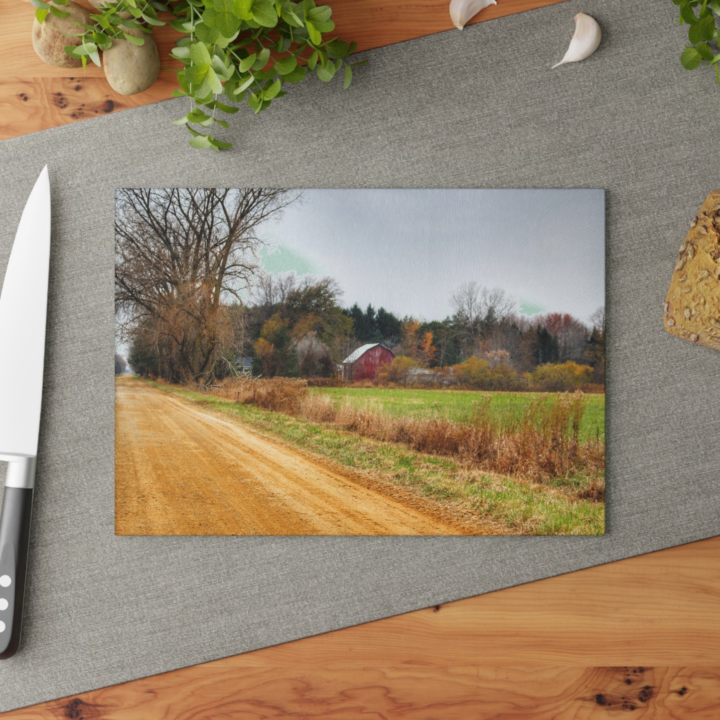 U R There Photography Stone Road Red Rustic Farmhouse Tempered-Glass Cutting Board