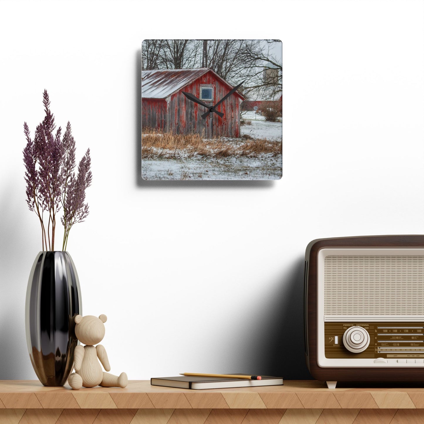 U R There Photography Frenchline Road Red Shack Rustic Farmhouse Acrylic Analog Wall Clock