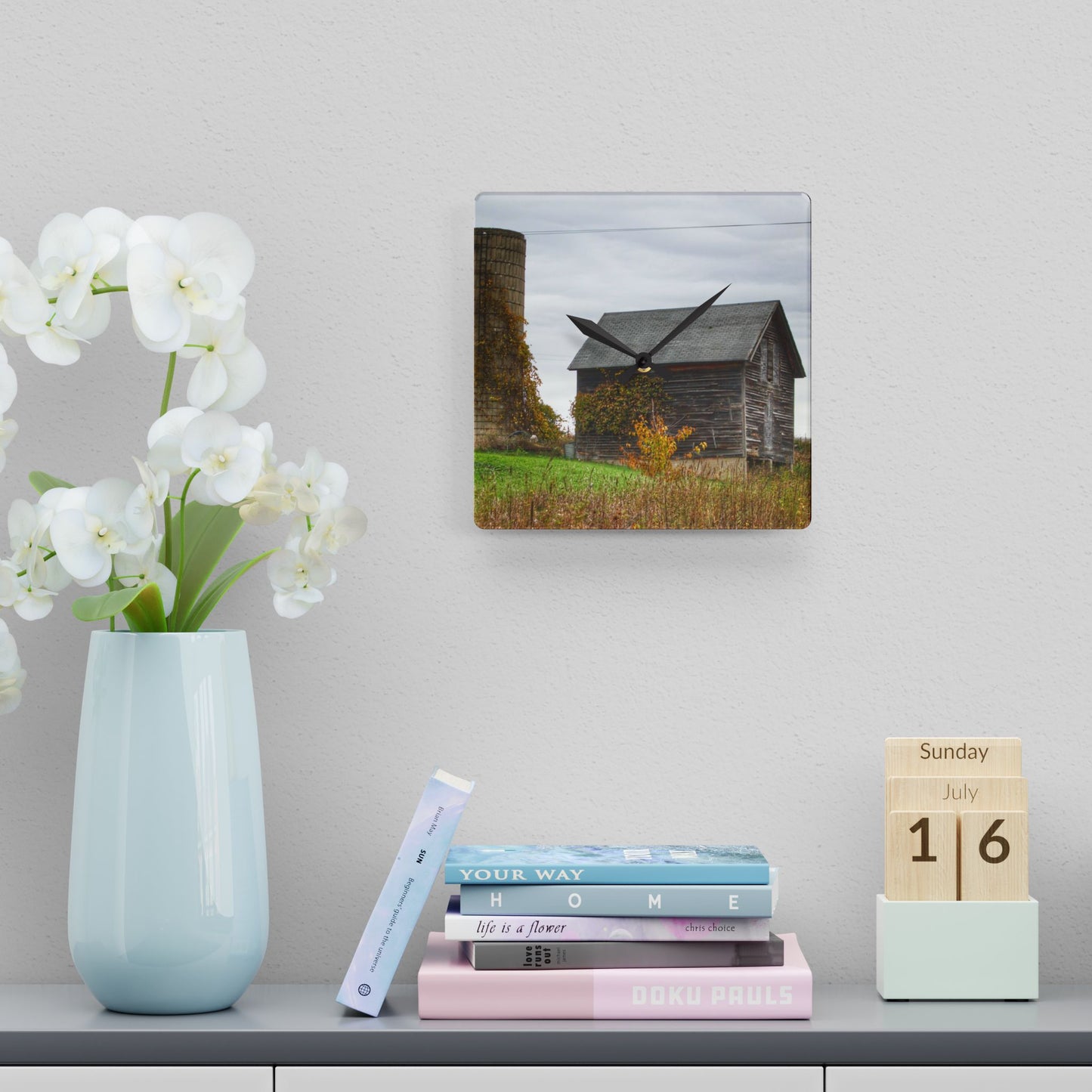 U R There Photography Fisher Road Grey Rustic Farmhouse Acrylic Analog Wall Clock