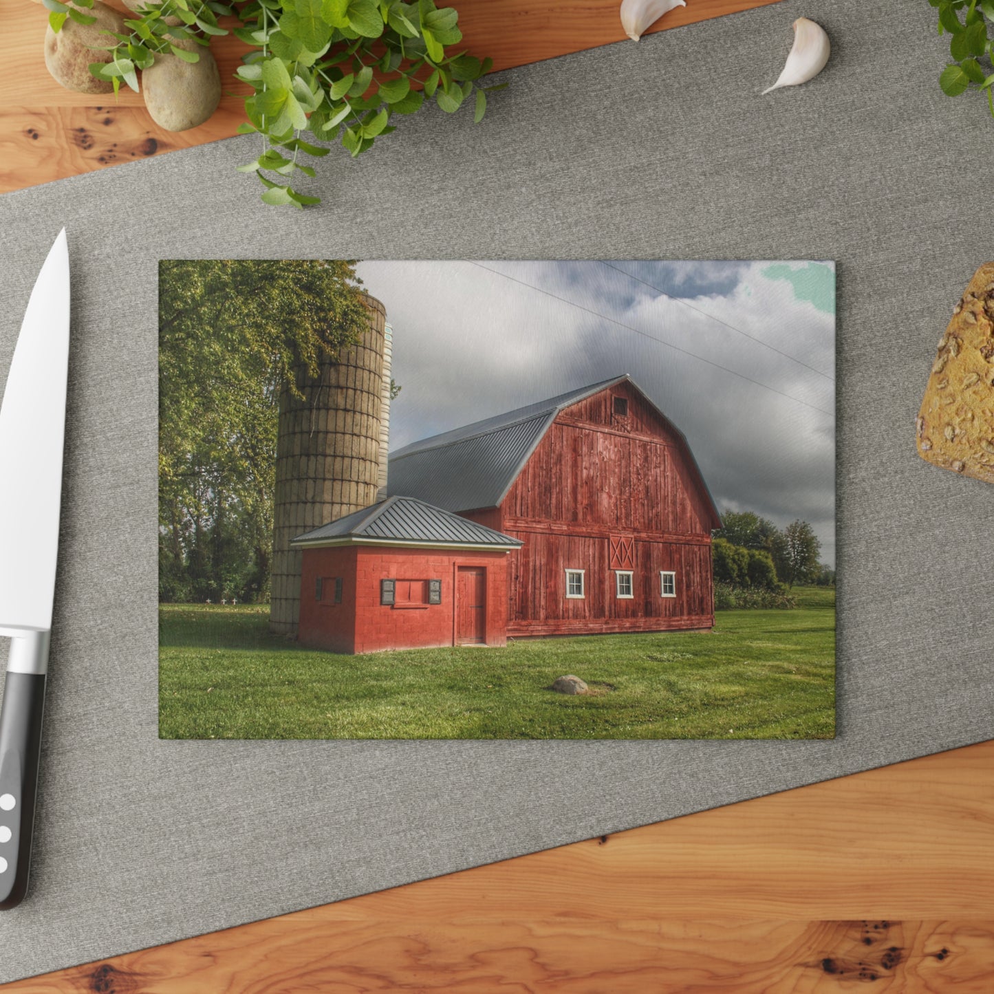 Barn Boutique Rustic Tempered-Glass Cutting Board| Hollow Corners Red and Silo